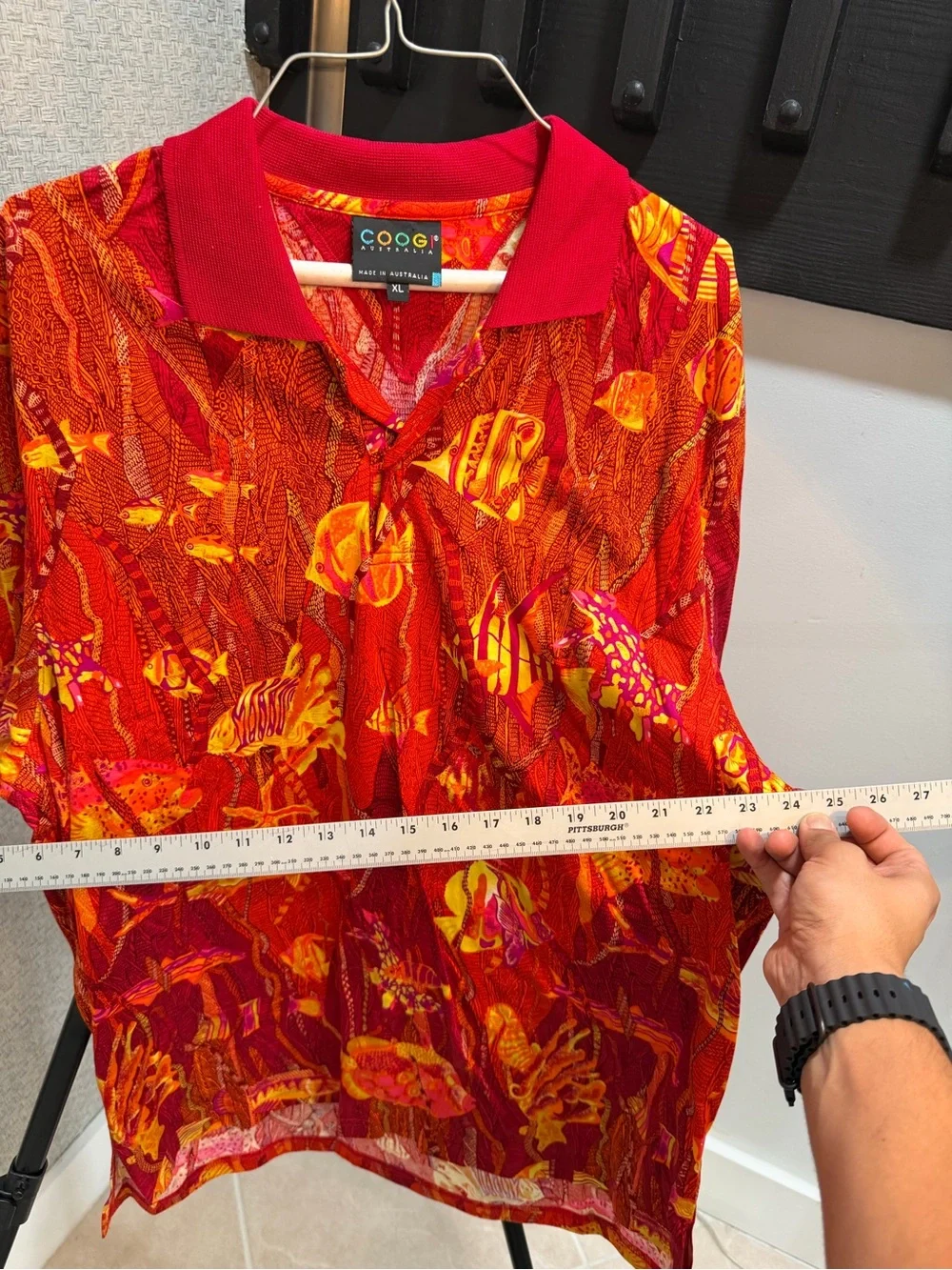 COOGI Red Polo with Orange and Yellow Tropical Print